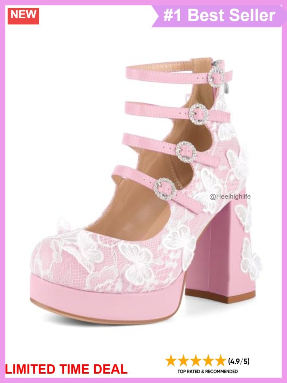Lace Butterfly Mary Jane Platform Chunky Heels Round Toe Ankle Strap Pumps